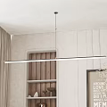 Modern Linear Pendant Light In Living Room With Wooden Shelves And Curtains