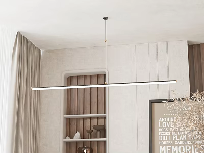 Modern Linear Pendant Light In Living Room With Wooden Shelves And Curtains 3d model