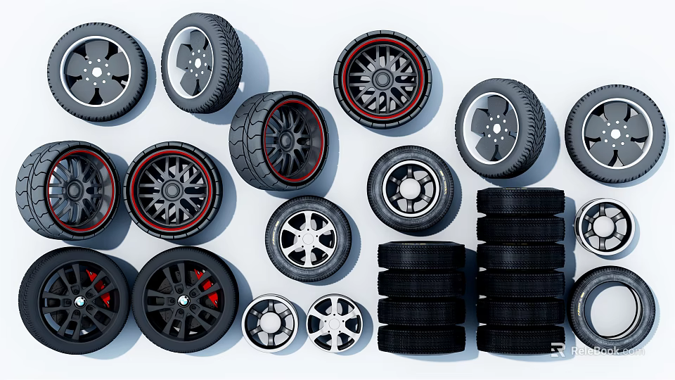 Various Tires With Different Design Wheels And Stacked Rubber Products Collection 3d model 
