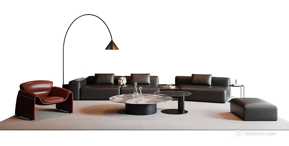 Modern Sofa Coffee Table Set With Black Leather Sofas Marble Top And Floor Lamp 3d model 