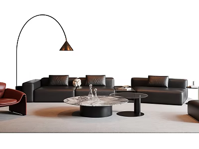 Modern Sofa Coffee Table Set With Black Leather Sofas Marble Top And Floor Lamp 3d model