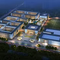 Modern School Buildings Complex With Sports Field Green Landscaping And Evening Lighting