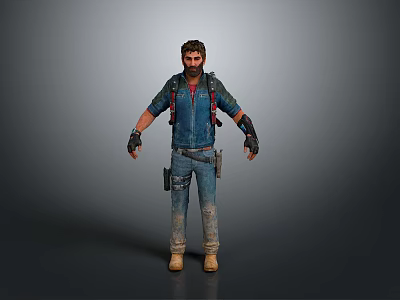 A Man Standing In Blue Denim Overalls Red Inner Shirt Black Gloves And Muddy Clothes 3d model