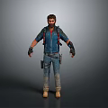 A Man Standing In Blue Denim Overalls Red Inner Shirt Black Gloves And Muddy Clothes