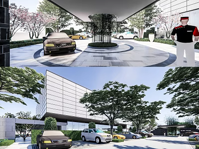 Modern Sales Office Building With Glass Facade Circular Driveway And Parked Cars 3d model