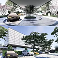 Modern Sales Office Building With Glass Facade Circular Driveway And Parked Cars
