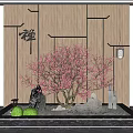 Zen Style Garden Ornament With Pink Plum Blossoms Stones Black Line Decorations And Wooden Wall