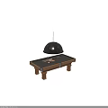 Classic Wooden Billiard Table With Colorful Balls Cue Stick And Hanging Pendant Light