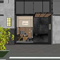 Modern Storefront Design With Stone Walls Glass Door Stone Steps And Potted Pine Tree