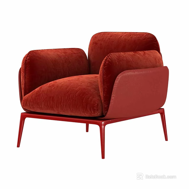 Red Velvet Single Sofa With Modern Design And Stylish Metal Legs 3d model 
