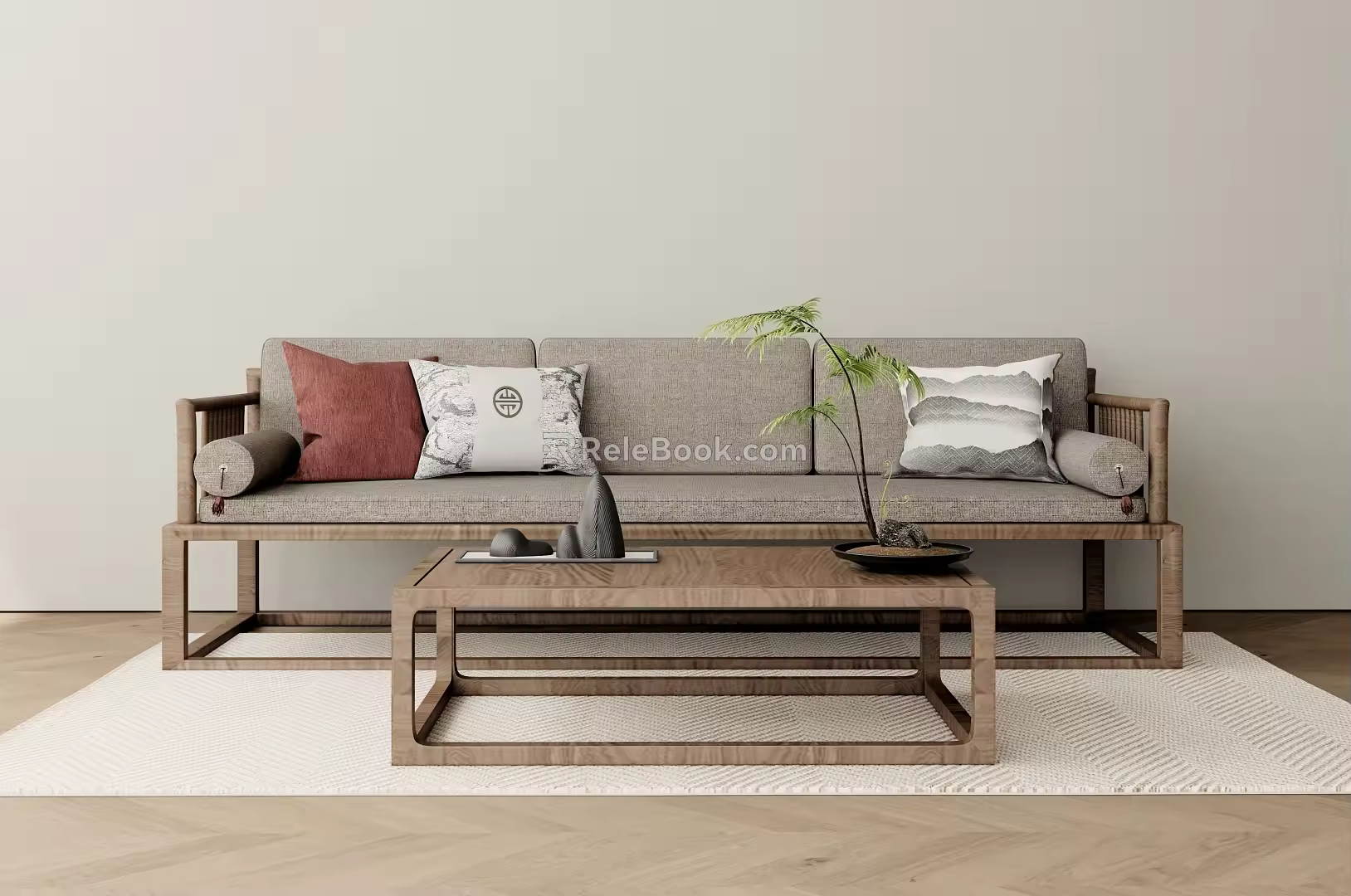 New Chinese-style Sofa Coffee Table Combination Three-seat Sofa 3d model