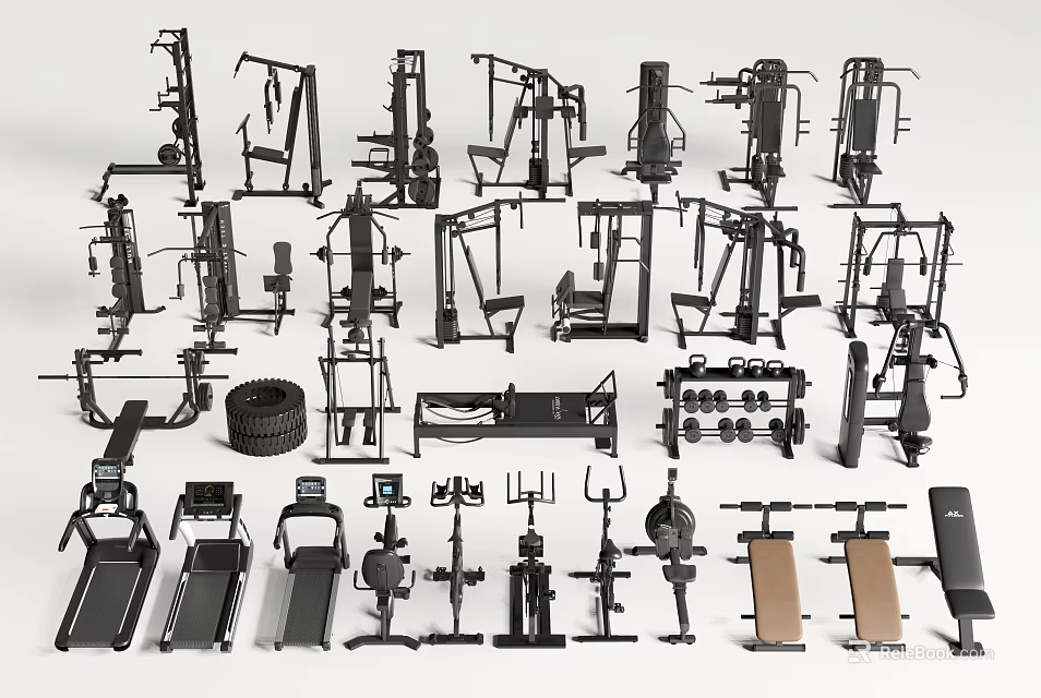 Diverse Sports Equipment Collection With Treadmills Dumbbells And Fitness Machines For Home Gym 3d model 