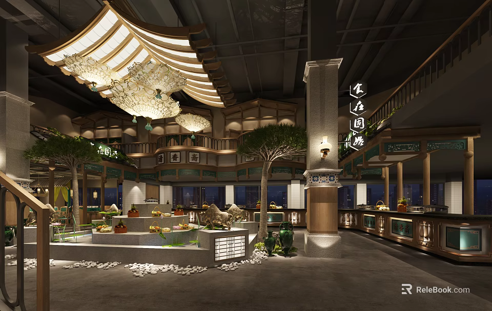 Chinese Style Restaurant Interior Design With Jiangnan Charm Pendant Lights Green Plants And Display Counter 3d model 