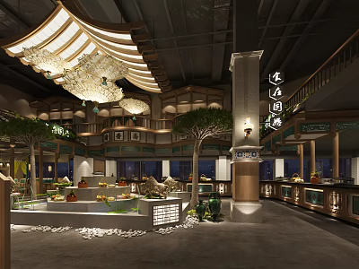 Chinese Style Restaurant Interior Design With Jiangnan Charm Pendant Lights Green Plants And Display Counter 3d model