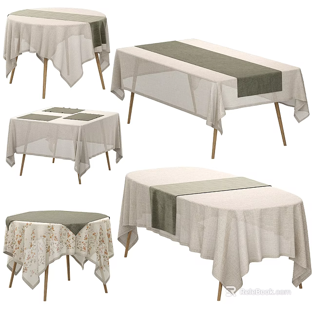 Various Beige And Dark Green Tablecloths For Rectangular Round Square Tables With Floral Design 3d model 