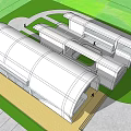 Modern Office Building Exterior With Curved Roof Glass Elements Lawn And Walkway