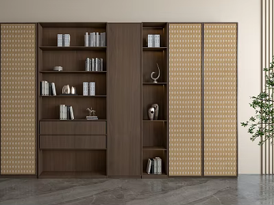 Modern Wooden Bookcase with Multiple Shelves Books Decorative Items and Lattice Panel Doors 3d model