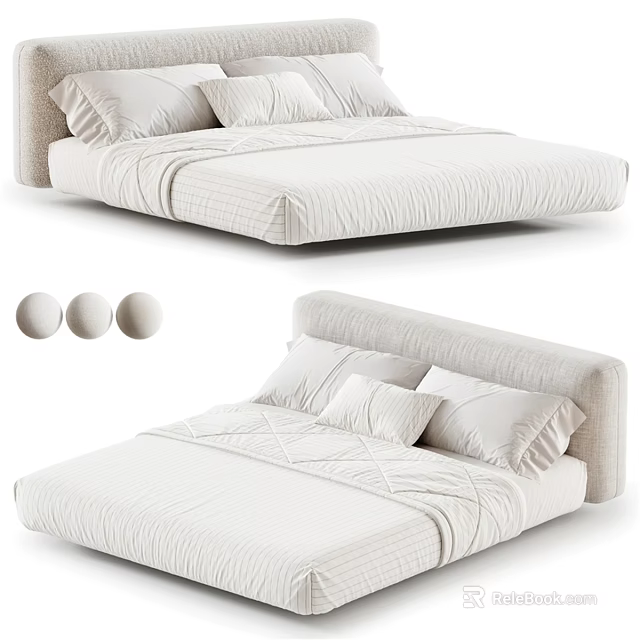 Minimalist Beige Double Bed With Soft Linen Mattress And Decorative Pillows 3d model 