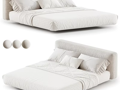 Minimalist Beige Double Bed With Soft Linen Mattress And Decorative Pillows 3d model