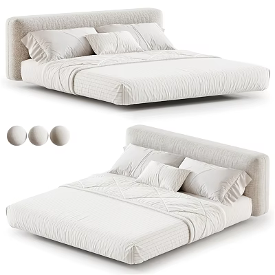 Minimalist Beige Double Bed With Soft Linen Mattress And Decorative Pillows 3d model