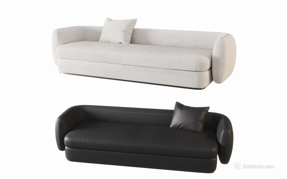 Modern Three Seater Sofas Light Gray Fabric And Black Leather With Cushions 3d model