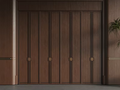Dark Brown Wooden Paneled Hinged Door With Vertical Lines And Golden Handles For Modern Interior 3d model