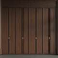 Dark Brown Wooden Paneled Hinged Door With Vertical Lines And Golden Handles For Modern Interior