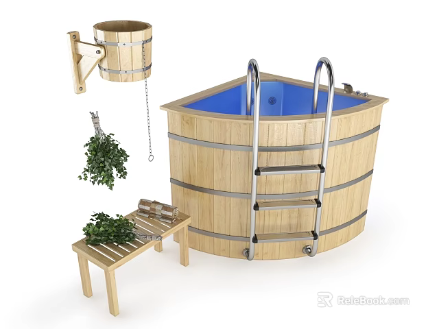 Natural Wooden Bathtub with Metal Ladder Hanging Bucket Small Stool and Green Plants 3d model 
