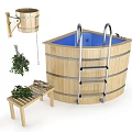 Natural Wooden Bathtub with Metal Ladder Hanging Bucket Small Stool and Green Plants