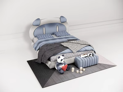 Cute Panda Shaped Kids Bed With Blue Polka Dot Pillows And Plush Toy On Rug 3d model