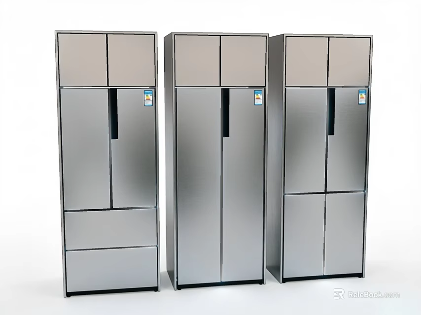 Three Silver Refrigerators Freezers With Modern Design Side By Side Multiple Doors And Drawers 3d model 