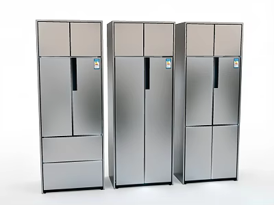 Three Silver Refrigerators Freezers With Modern Design Side By Side Multiple Doors And Drawers 3d model