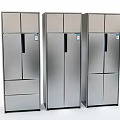 Three Silver Refrigerators Freezers With Modern Design Side By Side Multiple Doors And Drawers
