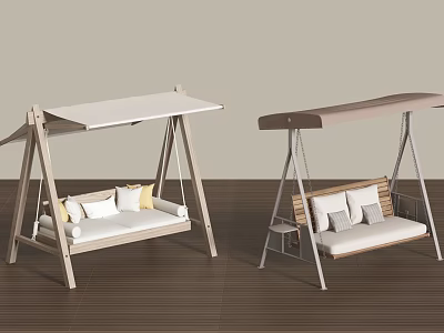 Outdoor Swing Chairs With Wooden Frame Canopy Cushions And Pillows For Patio Space 3d model