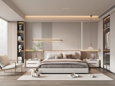 Modern Minimalist Bedroom Interior With Upholstered Bed Nightstands Decorative Lighting And Area Rug 3d model