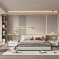 Modern Minimalist Bedroom Interior With Upholstered Bed Nightstands Decorative Lighting And Area Rug