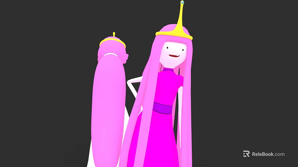 Two Game Anime Characters With Pink Long Hair Yellow Crown And Purple Sash Pink Dress 3d model 