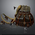 Tribal Tent Structure With Red Frame Animal Fur Roof Ivory Tusks And Wooden Barrel