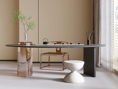 Modern Tea Table And Chairs With Green Plant And Tea Utensils In Minimalist Interior 3d model