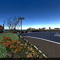 Stunning Dusk Riverside Promenade Landscape With Colorful Blooming Flowers And Beautiful Distant Illuminated City Skyline