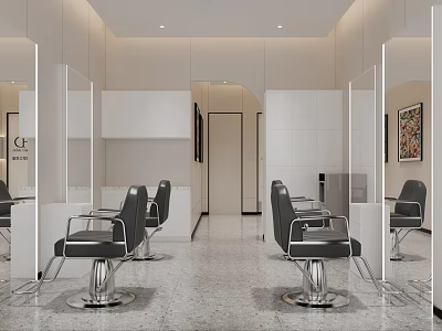 Modern Hair Salon Interior Design With Black Salon Chairs Mirrors And White Cabinets 3d model