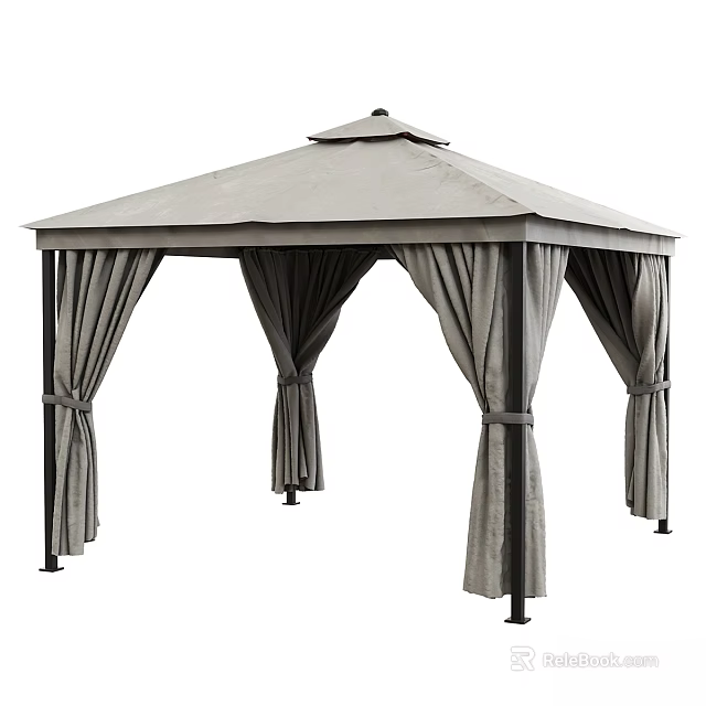 Outdoor Garden Gazebo Design With Gray Canopy Black Pillars And Tied Curtains 3d model 