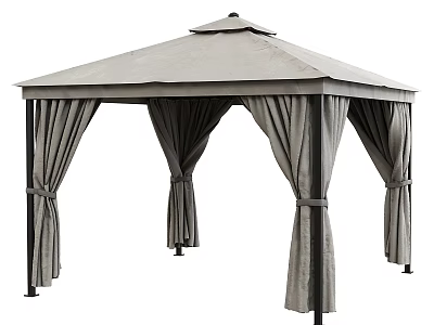 Outdoor Garden Gazebo Design With Gray Canopy Black Pillars And Tied Curtains 3d model