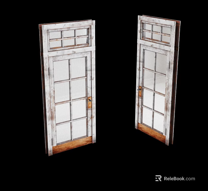 Vintage Wooden Swing Doors With Glass Panels And Metal Handles 3d model 