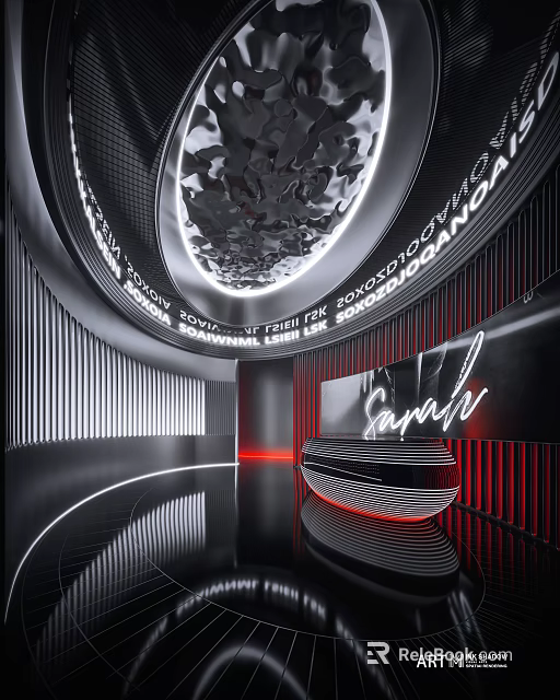 Modern Bar Interior Featuring Neon Signage And Circular Lighting 3d model 