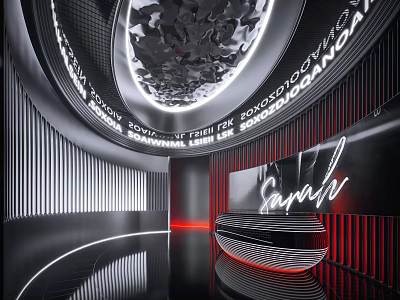 Modern Bar Interior Featuring Neon Signage And Circular Lighting 3d model