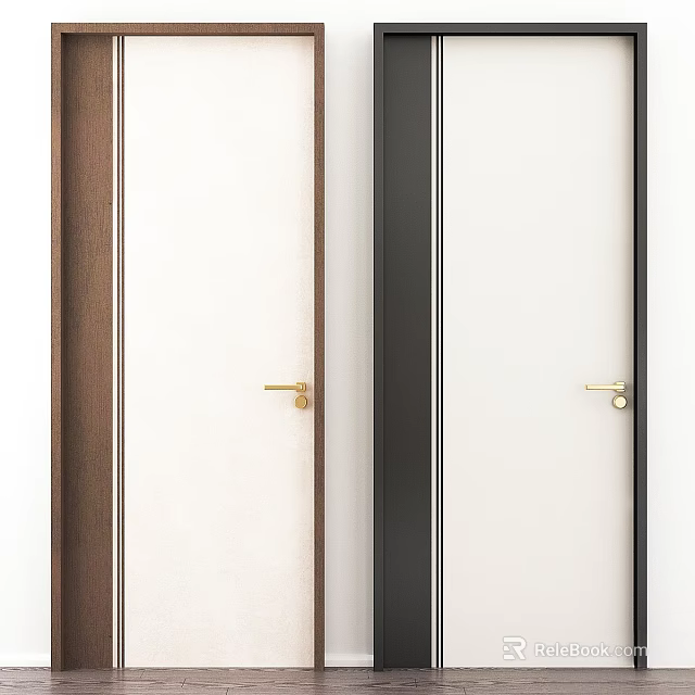 Modern Swing Door Design With White Panel Wooden And Black Frames And Golden Handles 3d model 