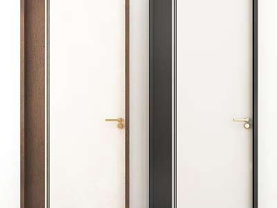 Modern Swing Door Design With White Panel Wooden And Black Frames And Golden Handles 3d model