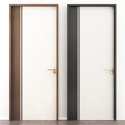 Modern Swing Door Design With White Panel Wooden And Black Frames And Golden Handles 3d model