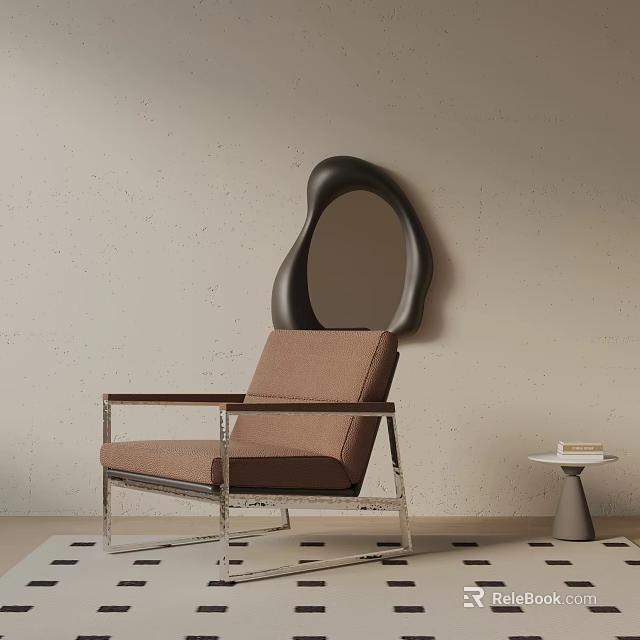 Brown Accent Chair With Transparent Metal Frame Black Irregular Mirror And Small Table With Books 3d model 
